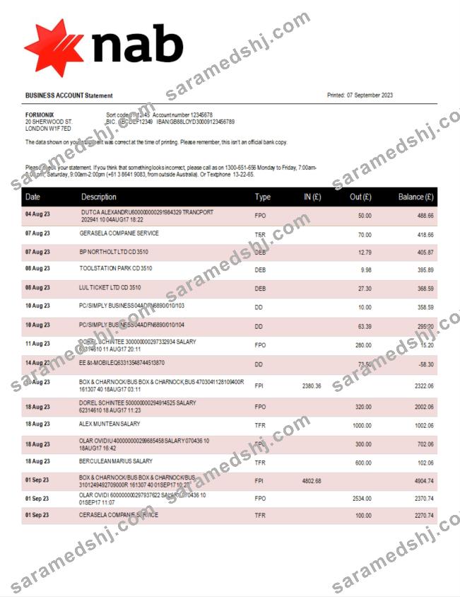 NAB Bank company account statement Word and PDF template